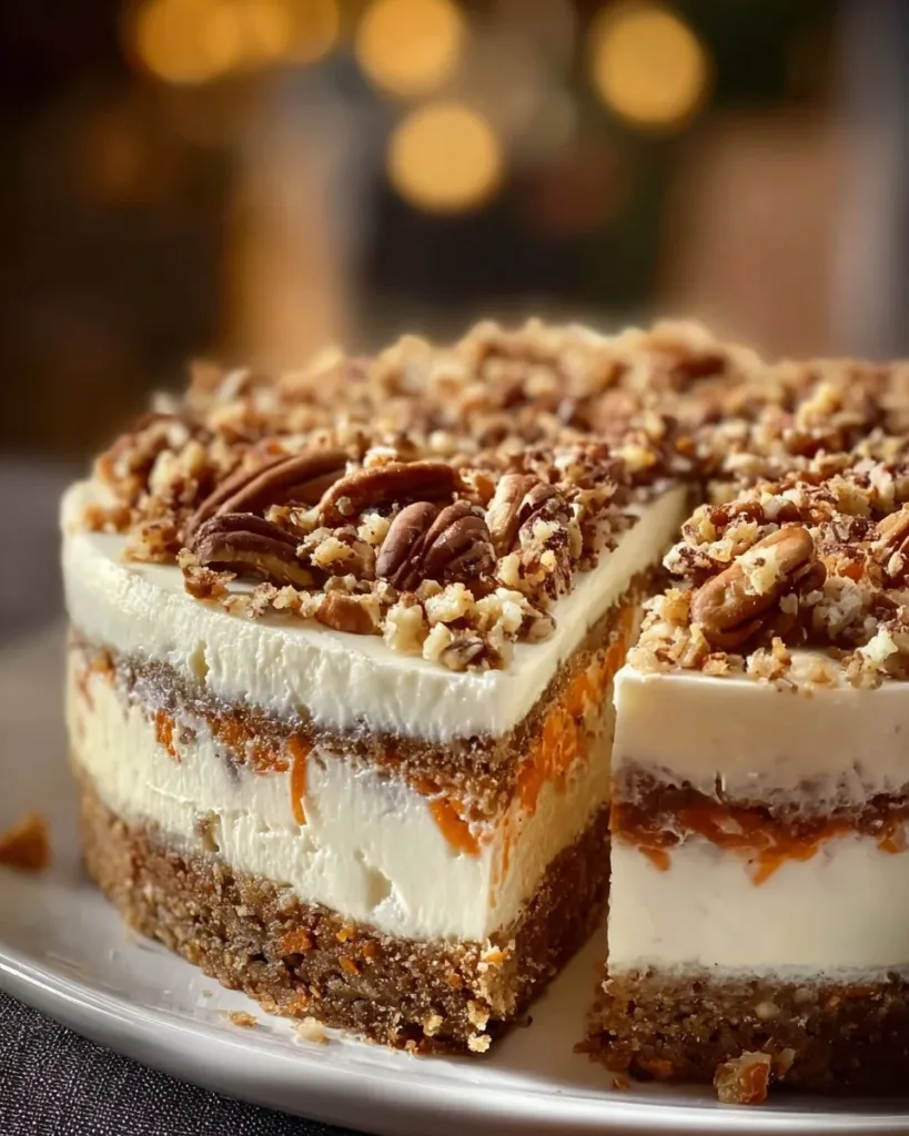 Slice of carrot cake cheesecake topped with cream cheese frosting and walnuts
