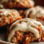 Carrot oatmeal cookies with cream cheese frosting on a white plate