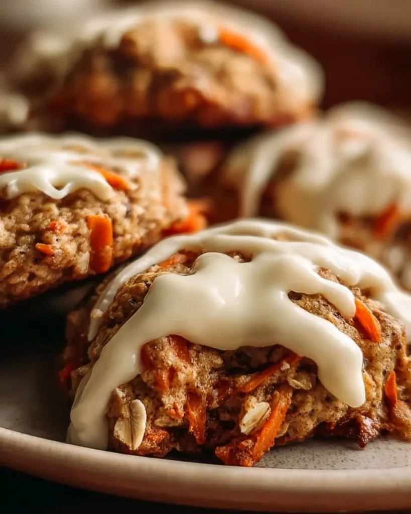 Carrot oatmeal cookies with cream cheese frosting on a white plate