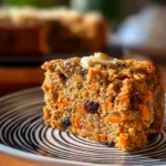 Delicious Carrot Raisin Oatmeal Cake with yogurt, topped with walnuts and raisins.
