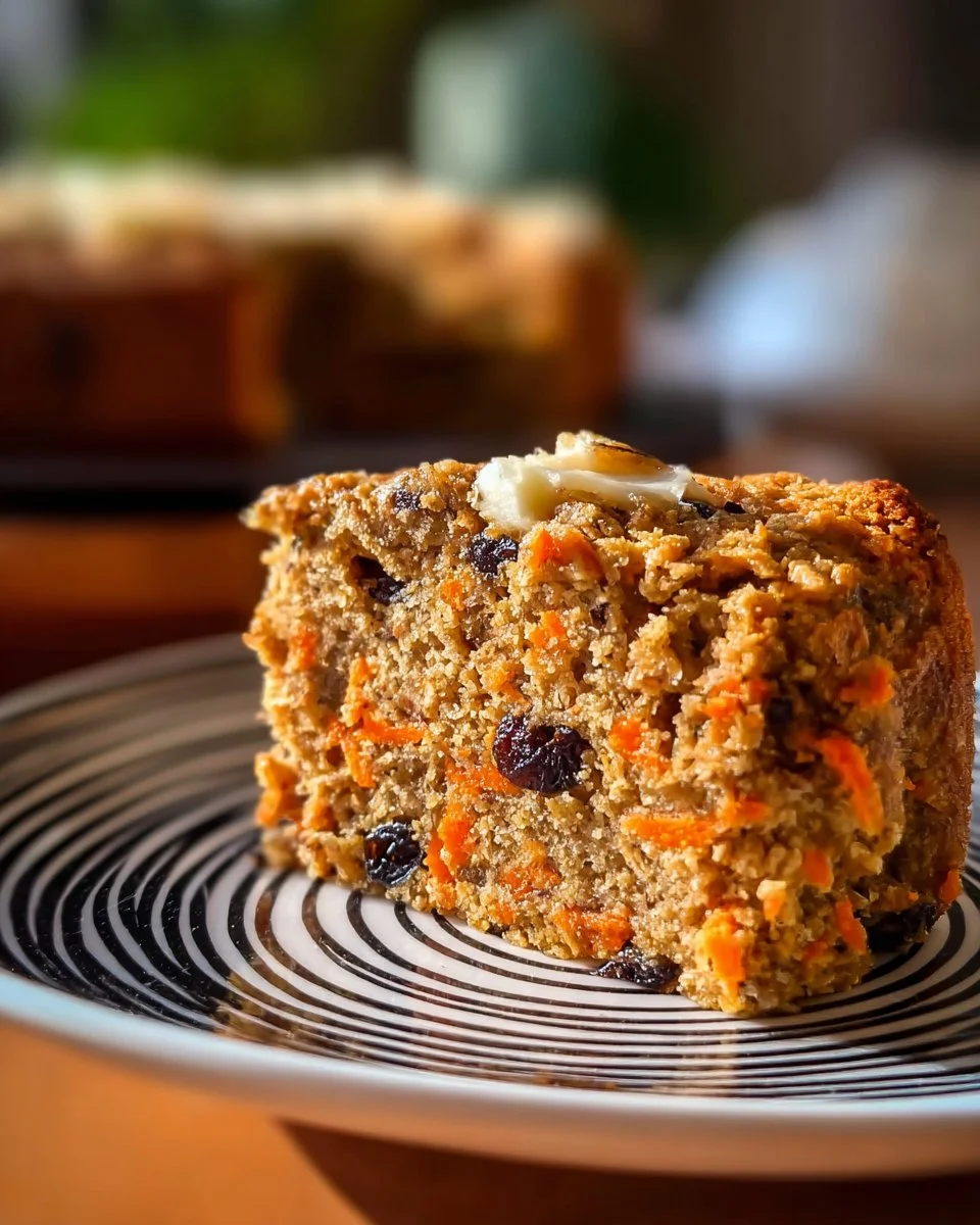 Delicious Carrot Raisin Oatmeal Cake with yogurt, topped with walnuts and raisins.