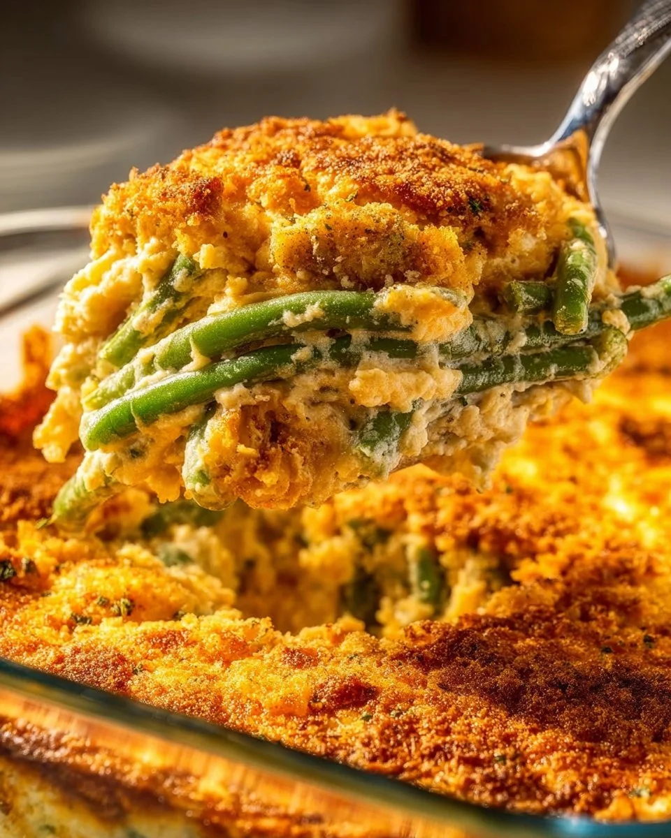 Cheddar Bay Green Bean Casserole featuring crispy onions and cheddar cheese