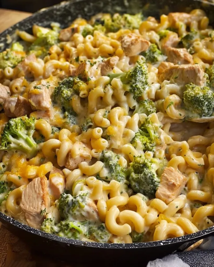 Cheesy Chicken Broccoli Mac garnished with broccoli and chicken pieces