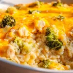 Cheesy chicken broccoli rice casserole topped with melted cheese and fresh herbs.
