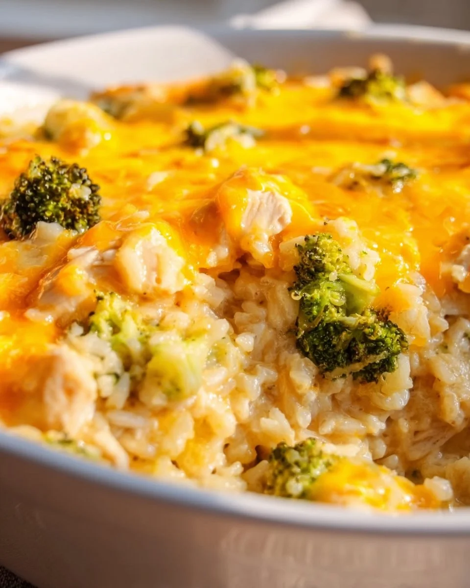 Cheesy chicken broccoli rice casserole topped with melted cheese and fresh herbs.