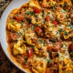 Cheesy Enchilada Beef Tortellini Skillet with melted cheese and beef toppings
