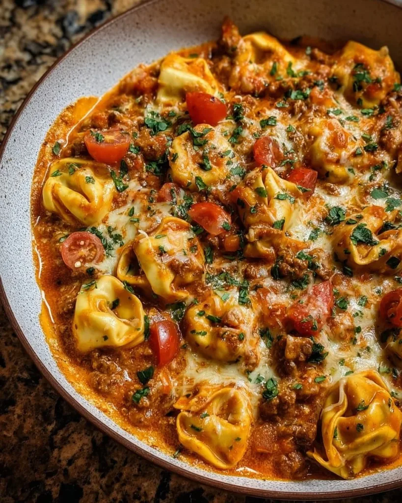 Cheesy Enchilada Beef Tortellini Skillet with melted cheese and beef toppings