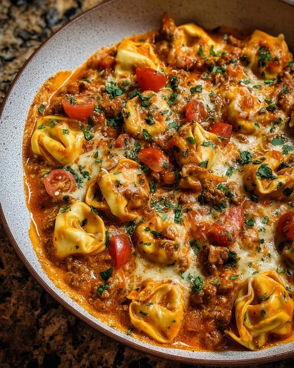 Cheesy Enchilada Beef Tortellini Skillet with melted cheese and beef toppings