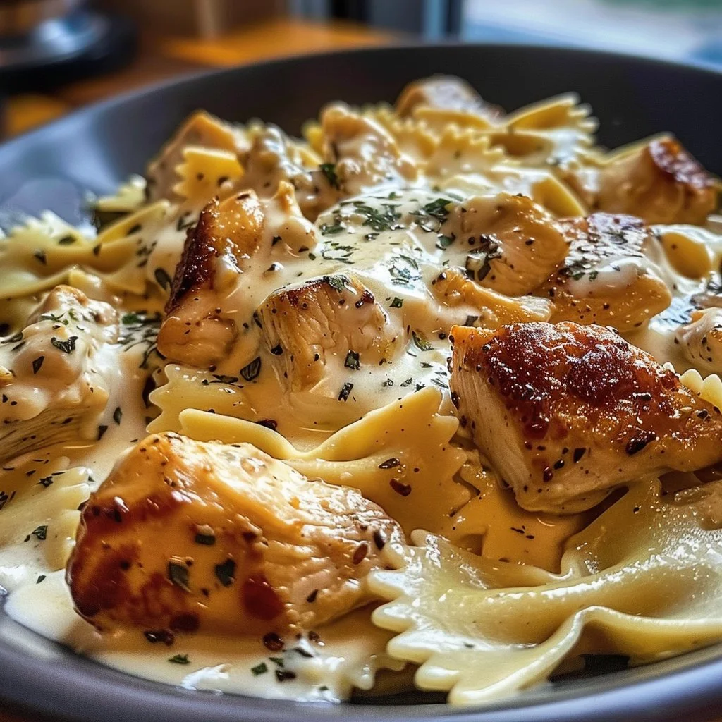 Cheesy garlic butter chicken bowtie pasta with mozzarella cream sauce in a bowl