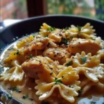 Cheesy garlic butter chicken bowties served in a bowl