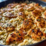 Cheesy Garlic Butter Chicken Bowties served on a plate with herbs garnish.