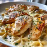 Cheesy Garlic Butter Chicken served with Bowtie Pasta in creamy sauce