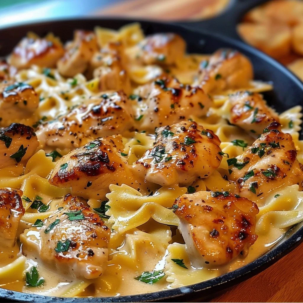 Cheesy Garlic Butter Chicken served with bowtie pasta and creamy sauce