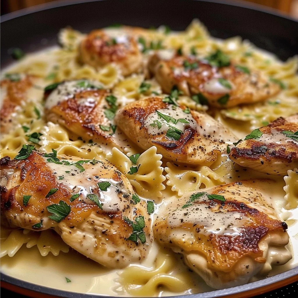 Cheesy Garlic Butter Chicken with Bowtie Pasta and Creamy Sauce