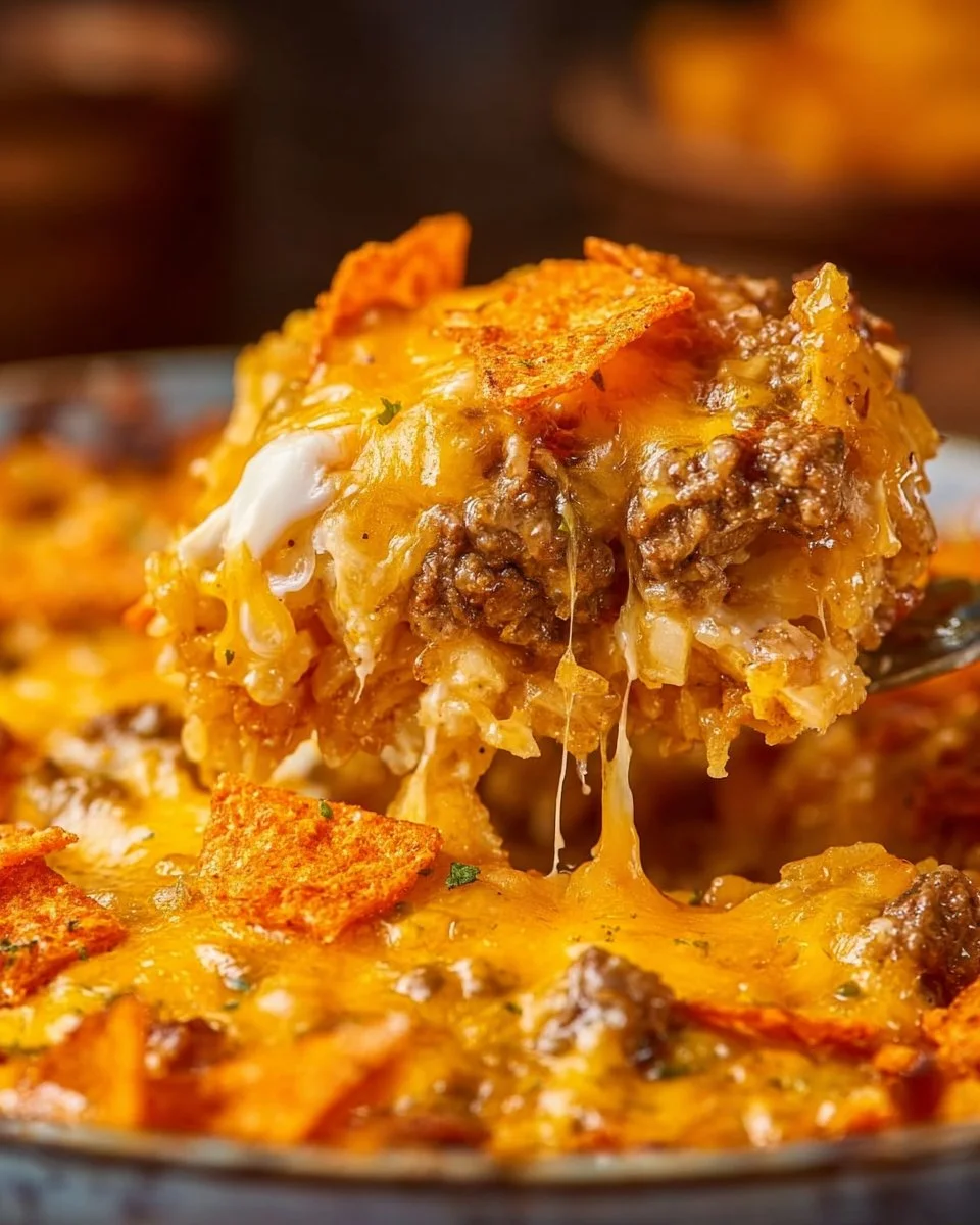 Cheesy hashbrown casserole with Doritos, a delicious comfort food recipe.