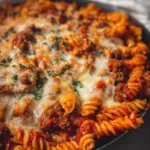 Cheesy Pizza Pasta Bake with melted cheese and pepperoni toppings