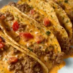 Cheesy Rotel Beef Tacos topped with cheese and fresh ingredients