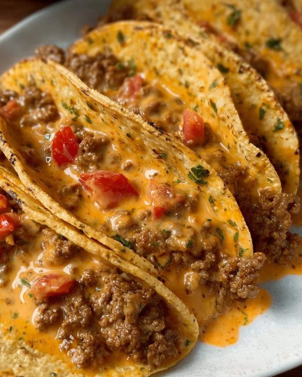 Cheesy Rotel Beef Tacos topped with cheese and fresh ingredients