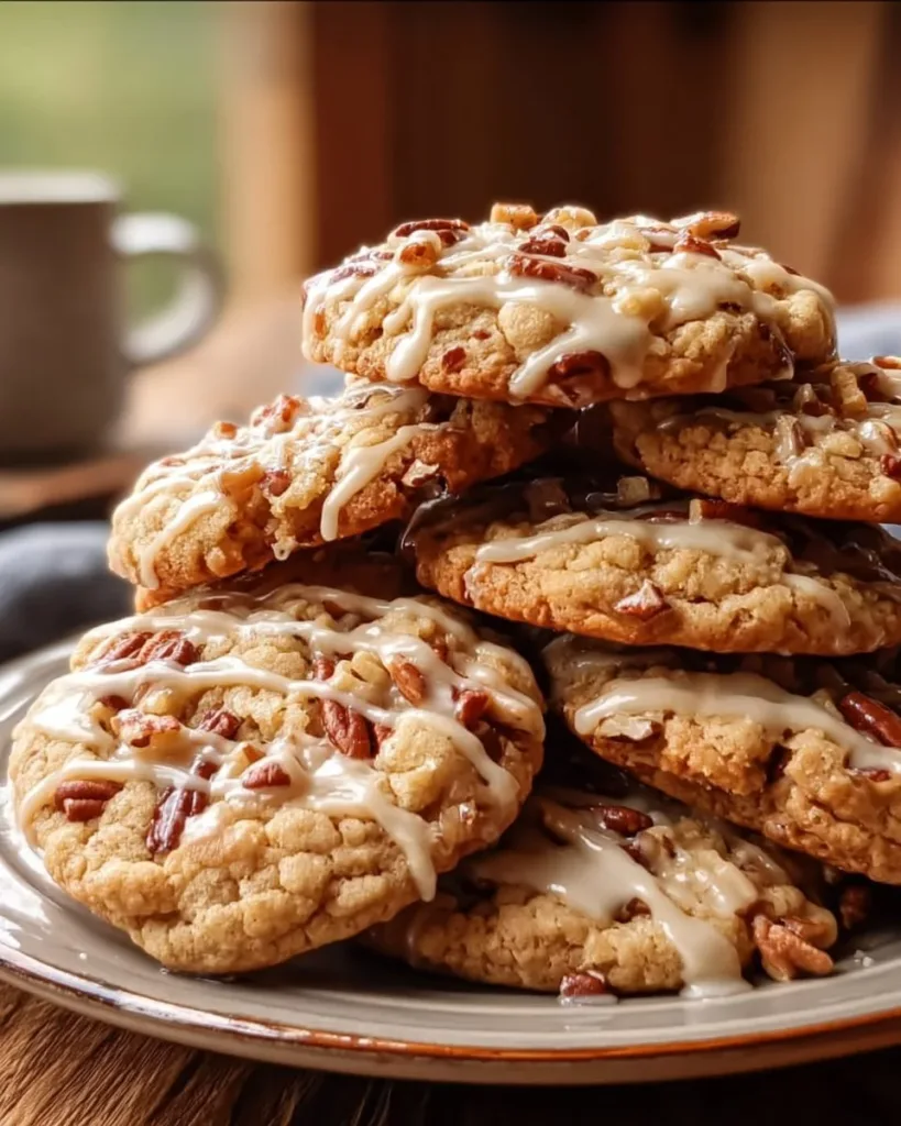 Freshly baked chewy maple pecan cookies cooling on a wire rack