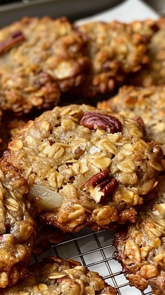Delicious chewy pecan oatmeal cookies with crispy edges on a plate
