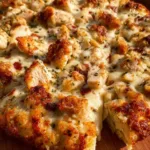 Delicious Chicken Alfredo Pizza served on a Cheddar Bay Biscuit crust