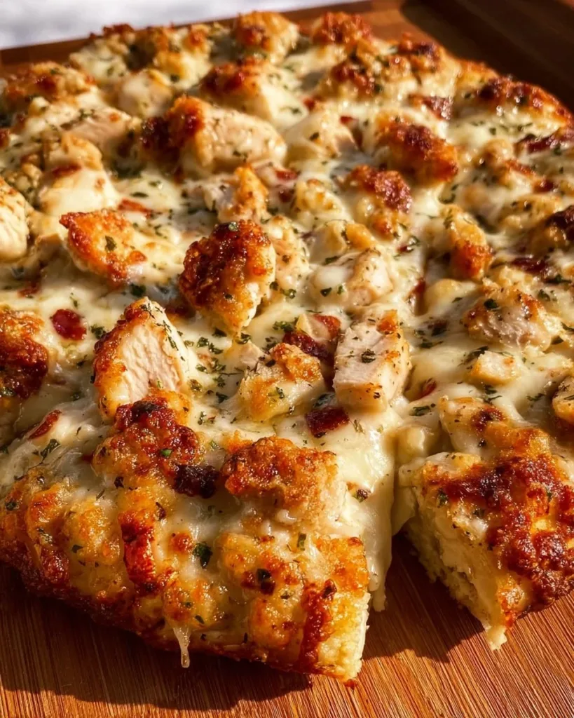 Delicious Chicken Alfredo Pizza served on a Cheddar Bay Biscuit crust