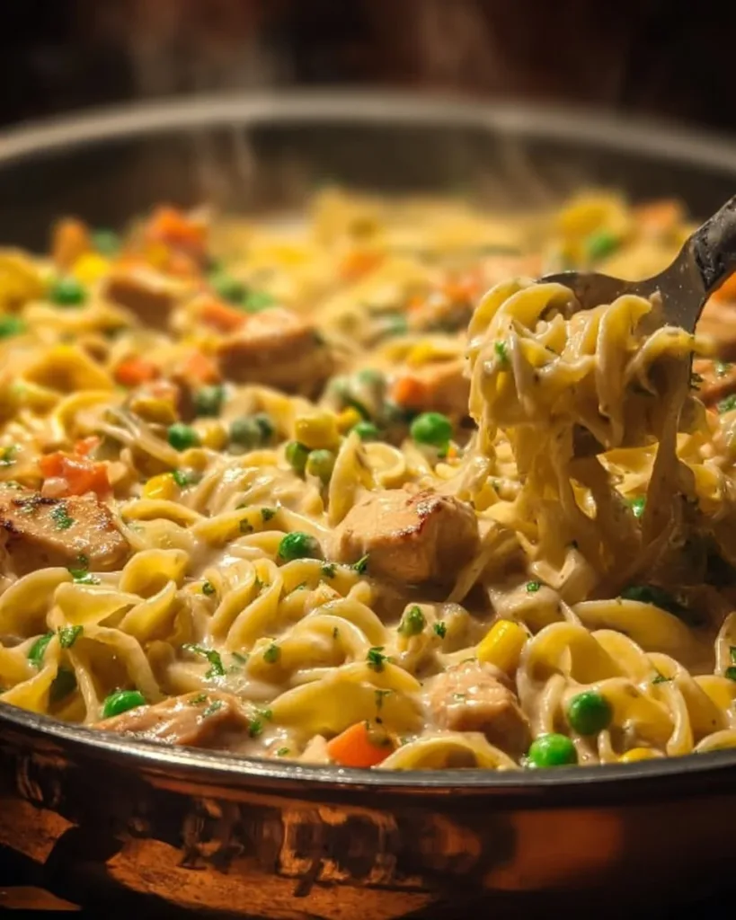 Creamy Chicken Pot Pie Pasta served in a bowl with fresh herbs