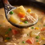 Creamy Chicken Pot Pie Soup with vegetables and herbs in a bowl