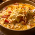 Bowl of Chicken Ranch Lasagna Soup topped with herbs and cheese