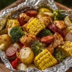 Colorful chicken, sausage, potatoes, broccoli, and corn in foil packets for easy cooking.