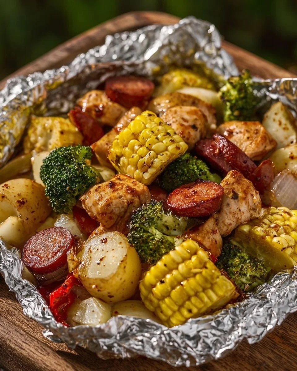 Colorful chicken, sausage, potatoes, broccoli, and corn in foil packets for easy cooking.