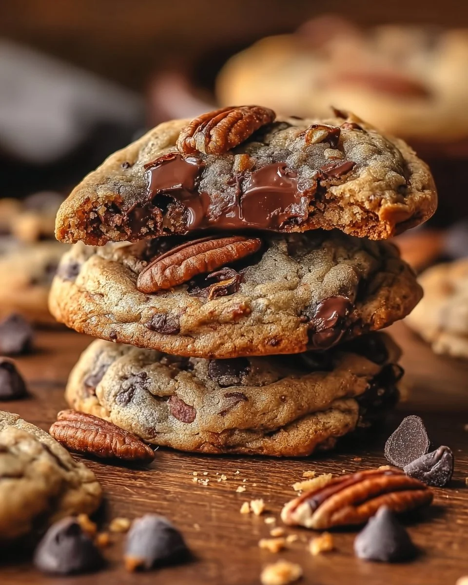 Freshly baked chocolate chip pecan cookies on a cooling rack