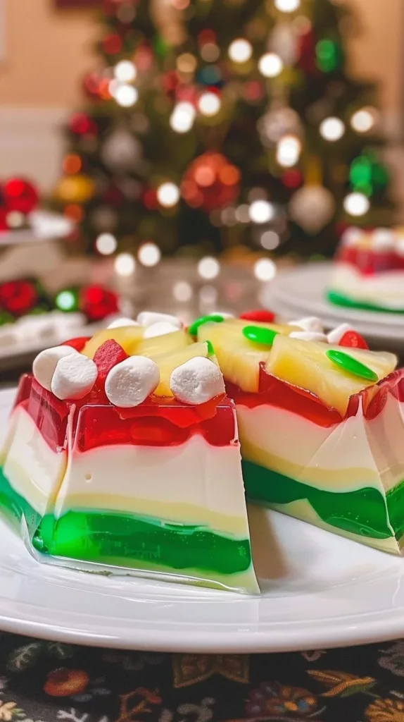 Colorful Christmas Ribbon Salad with layers of fresh vegetables