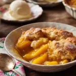 Delicious peach dump cake served at a church potluck, topped with whipped cream.