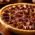 Slice of Condensed Milk Pecan Pie topped with pecans on a plate