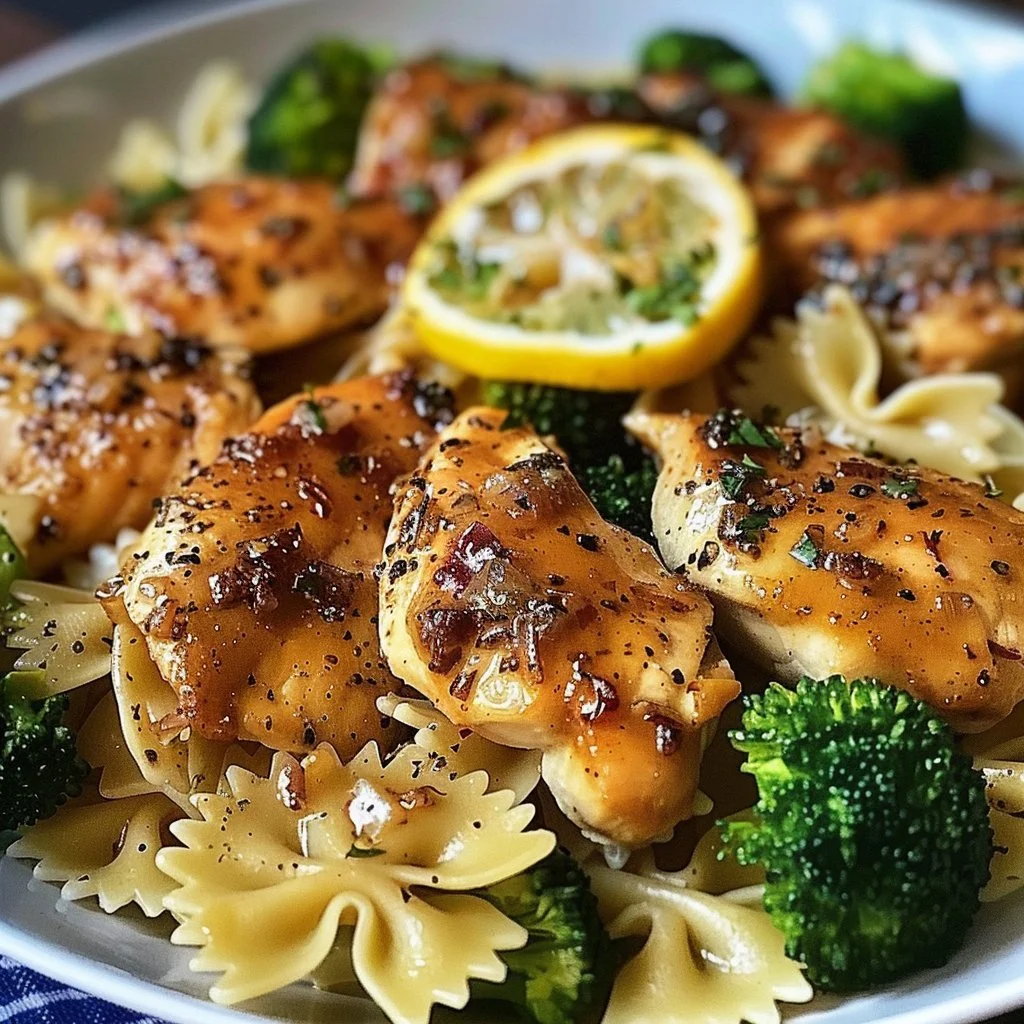 Cowboy Butter Lemon Bowtie Chicken served with broccoli for a delicious meal