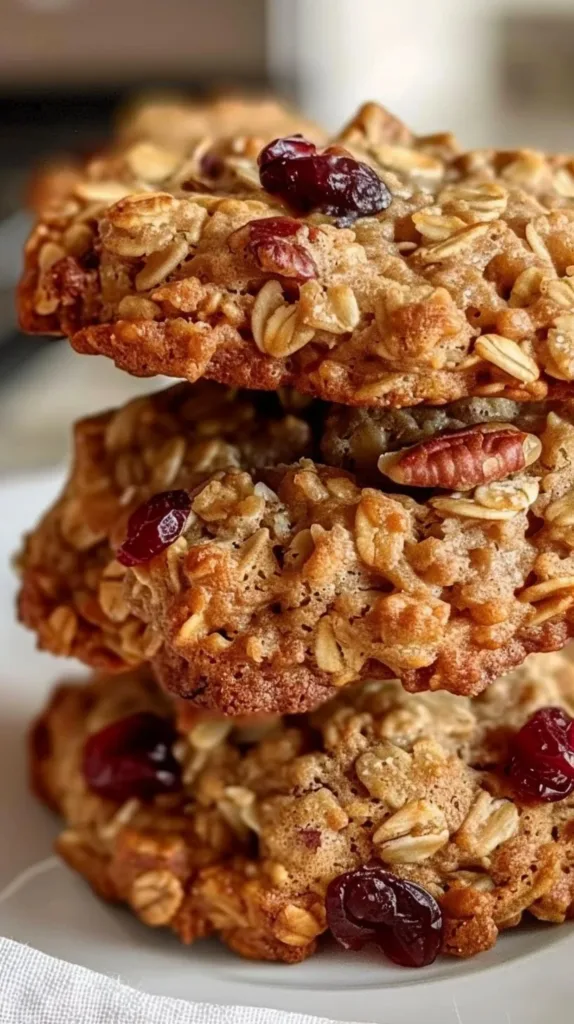Cranberry walnut oatmeal cookies stacked on a plate, fresh and inviting.