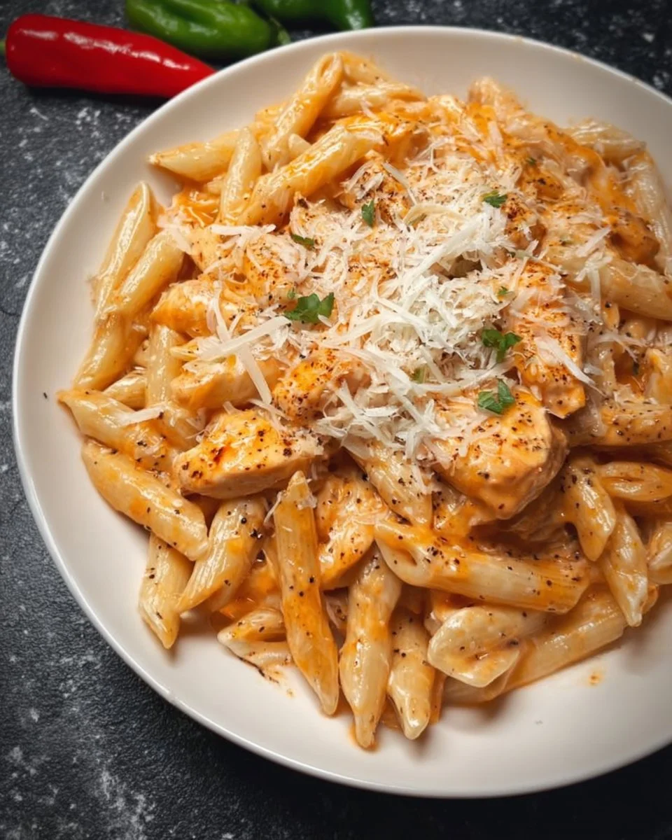 Creamy Buffalo Chicken Penne dish garnished with herbs and blue cheese