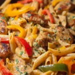 Plate of creamy jerk chicken rasta pasta garnished with fresh herbs