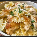 Creamy lemon chicken dish served with pasta, garnished with herbs.