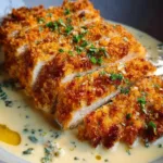 Crispy Parmesan Chicken served with creamy garlic sauce on a plate
