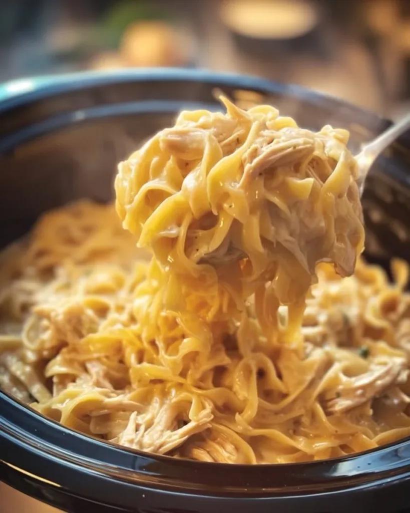 Crockpot chicken and noodles served in a bowl with fresh herbs on top