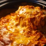 Delicious Crockpot Chicken Enchilada Casserole topped with cheese and avocado