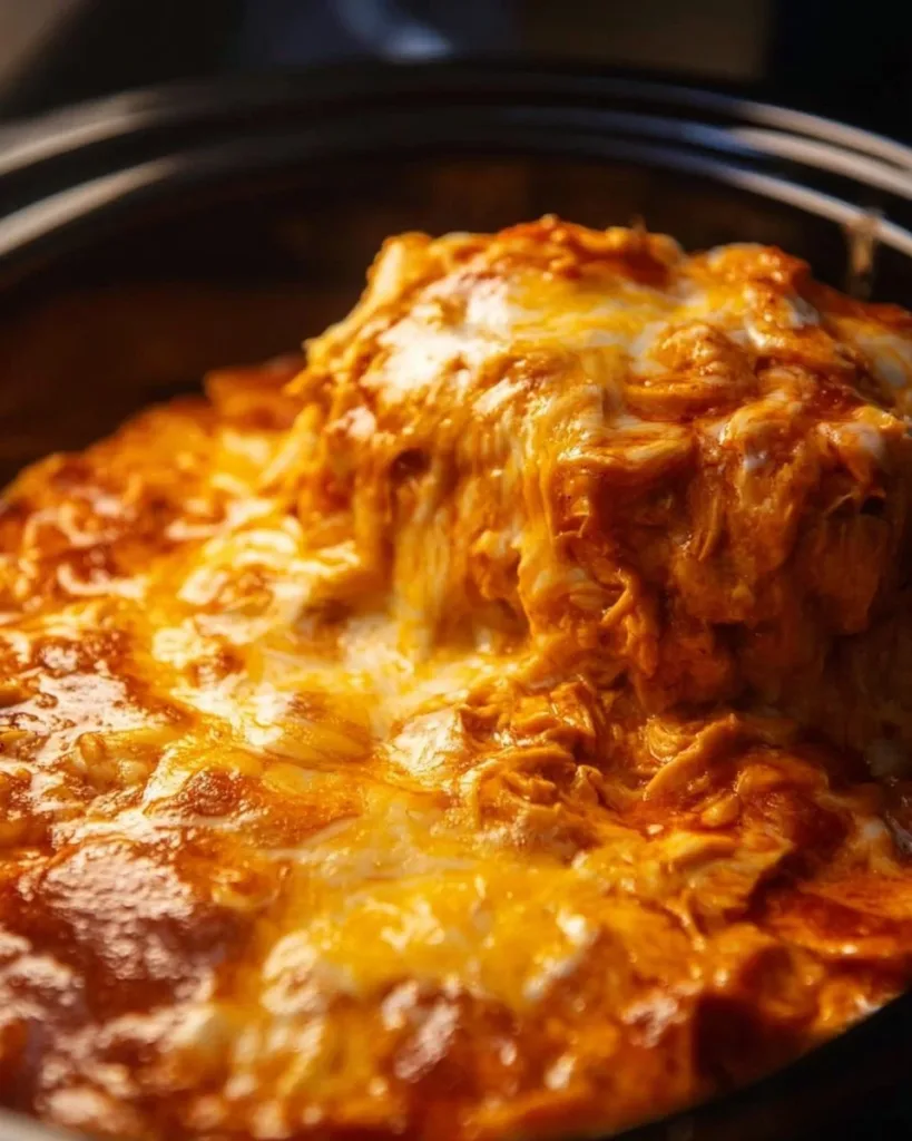 Delicious Crockpot Chicken Enchilada Casserole topped with cheese and avocado