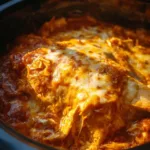 Crockpot chicken enchilada casserole served in a dish with toppings