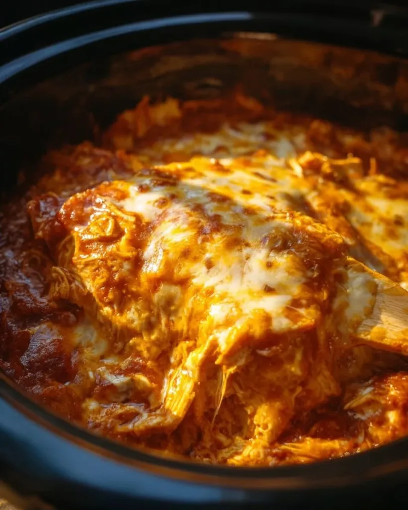 Crockpot chicken enchilada casserole served in a dish with toppings