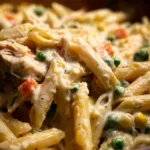 Crockpot Chicken Pot Pie Pasta served in a bowl with fresh herbs
