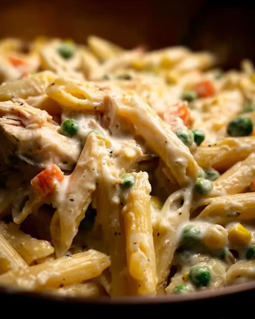 Crockpot Chicken Pot Pie Pasta served in a bowl with fresh herbs