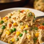 Crockpot Chicken and Stuffing Casserole served in a bowl with herbs and spices