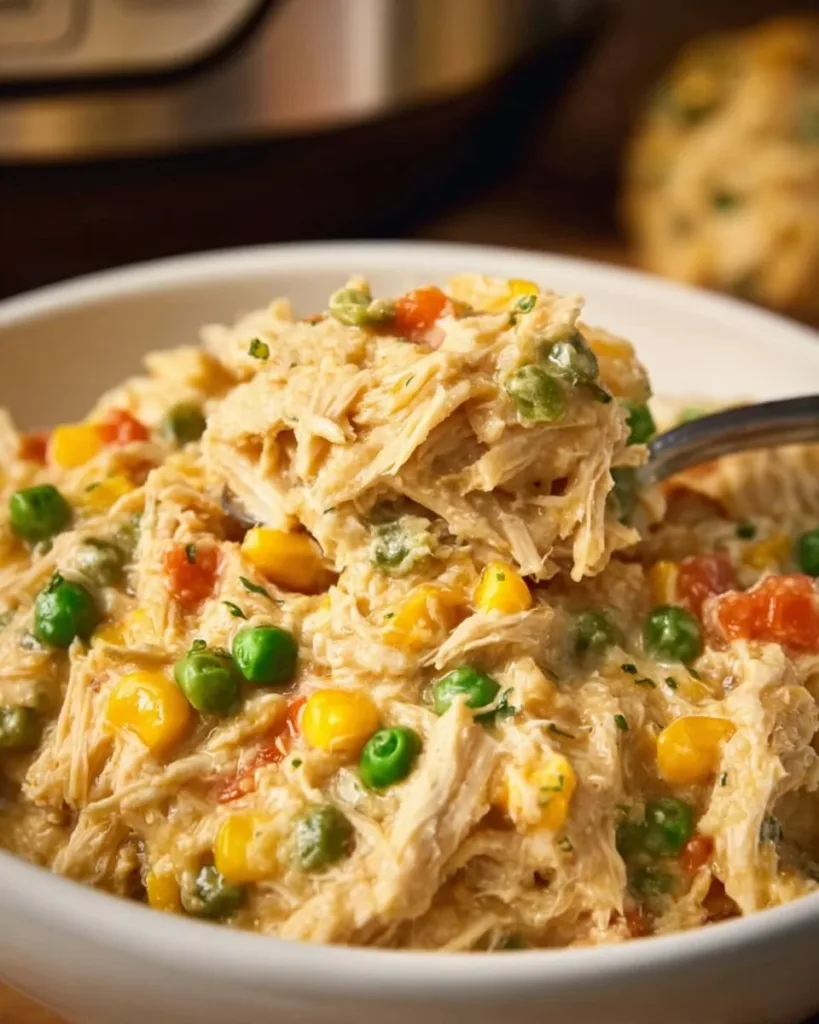 Crockpot Chicken and Stuffing Casserole served in a bowl with herbs and spices